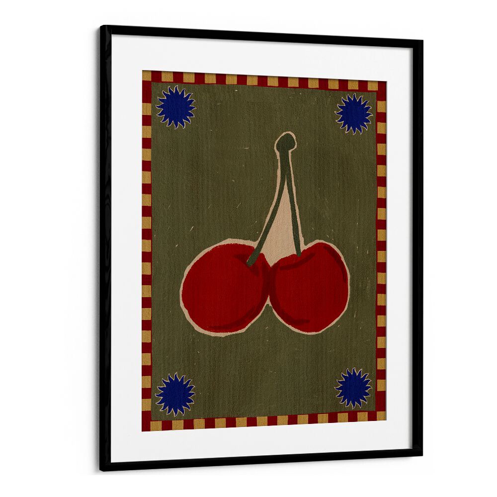 Bright red cherries on a stylish green background highlight the LUSH DUO, KITCHEN POSTERS for elegant home decor.
