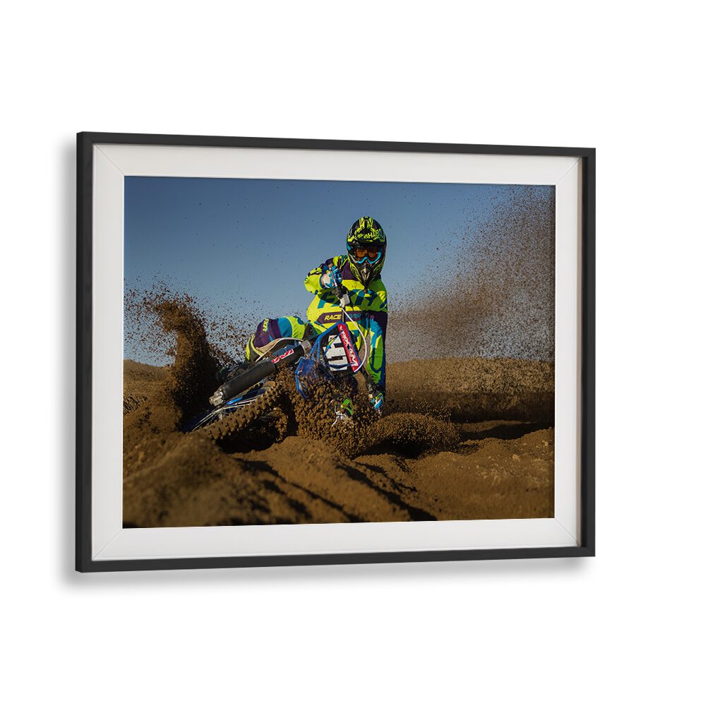 Dynamic motocross rider kicking up dirt in vibrant gear, featured in MOTOCROSS RIDER MXGP, PHOTOGRAPHY PRINTS collection.