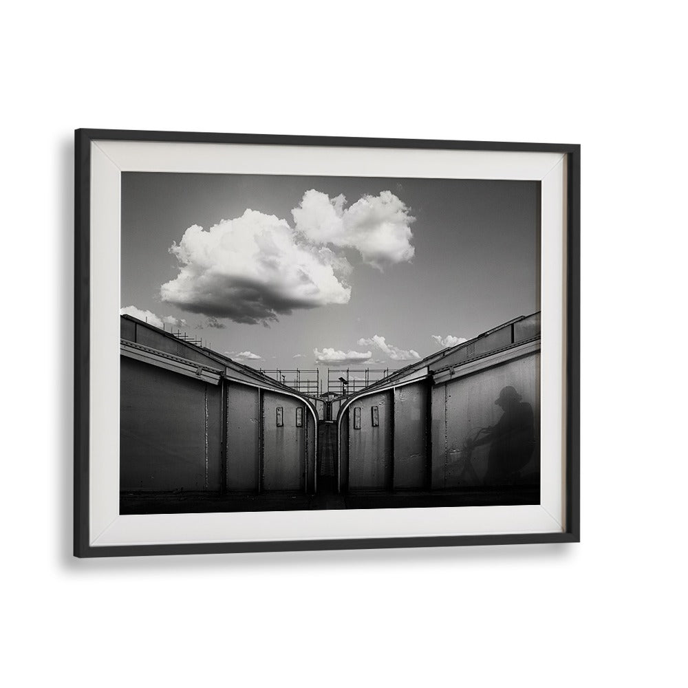 "ON THE BRIDGE, PHOTOGRAPHY PRINTS captures urban life with striking contrasts and serene clouds in a stunning frame."