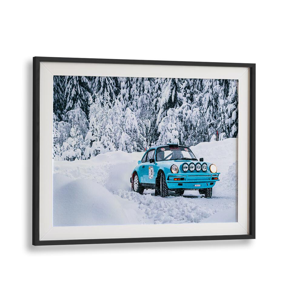 Framed PORSCHE 911 IV, PHOTOGRAPHY PRINTS showcasing a vintage rally car in a snowy landscape, perfect for enthusiasts.