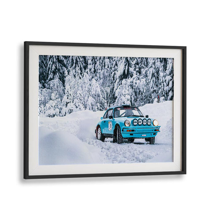 Framed PORSCHE 911 IV, PHOTOGRAPHY PRINTS showcasing a vintage rally car in a snowy landscape, perfect for enthusiasts.