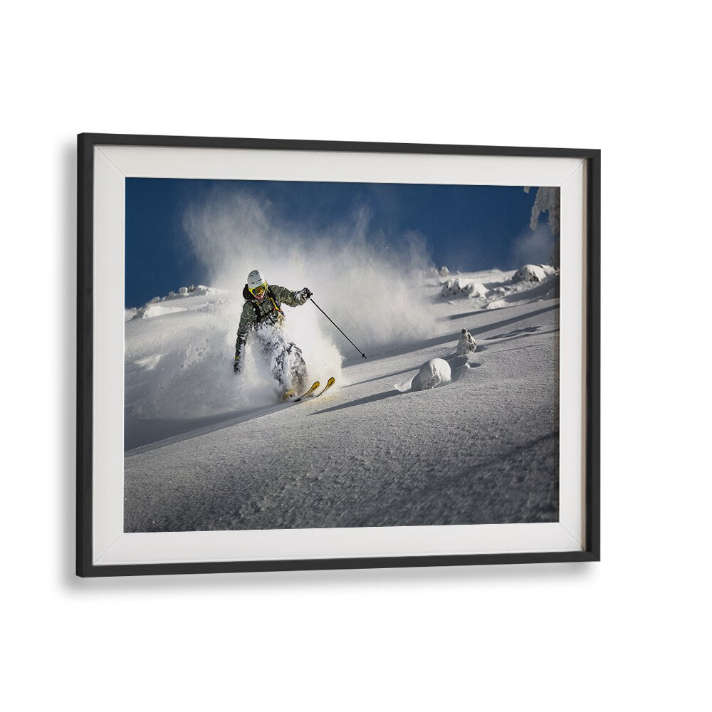 Experience the thrill of skiing with POWDER PARADISE, PHOTOGRAPHY PRINTS showcasing action and fine art in harmony.