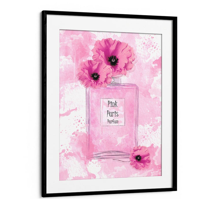 Elegant PINK PARIS PARFUM fashion poster featuring a pink perfume bottle adorned with vibrant flowers. Perfect for decor.