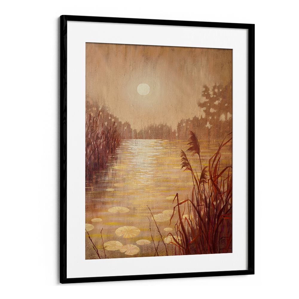 Serene Pond with Reeds at Sunset, landscape paintings showcasing vibrant hues, perfect for your home decor.