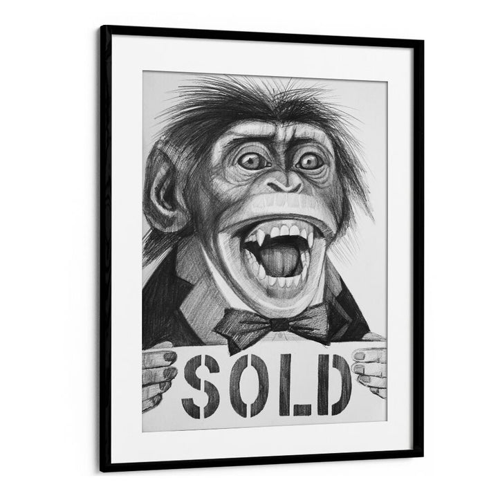 PRIMAL AUCTIONEER, COMIC POSTERS feature a unique artwork of a monkey in a tuxedo holding a "SOLD" sign.