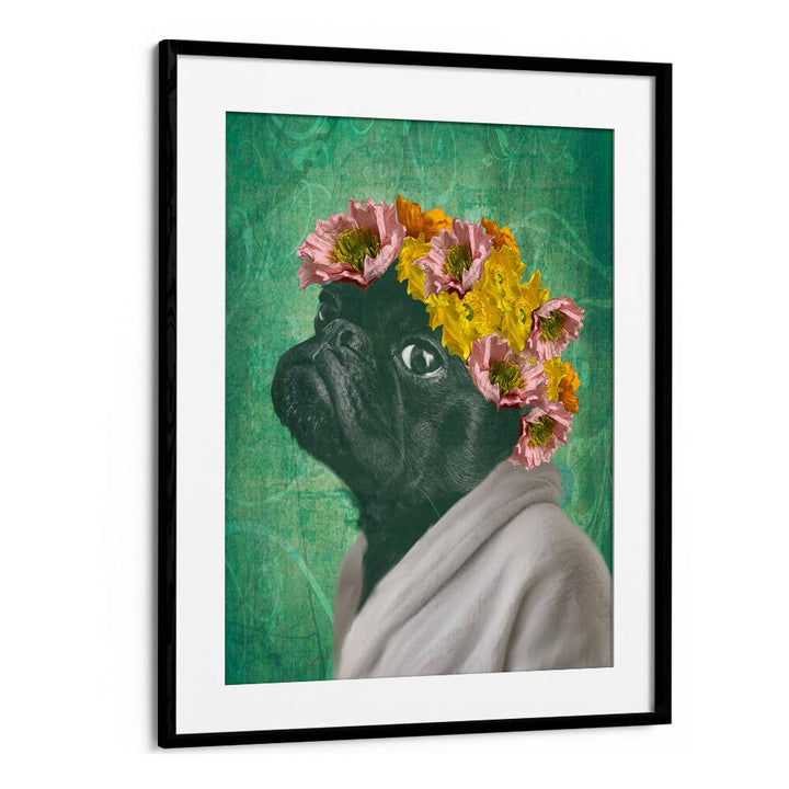 Charming PUG PORTRAIT, FASHION POSTERS featuring a stylish pug with flowers, perfect for dog lovers' decor.