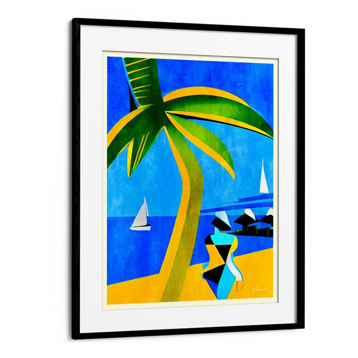 Vibrant TAHITI Beach Paintings featuring palm trees and sailboats, perfect for enhancing your living space.