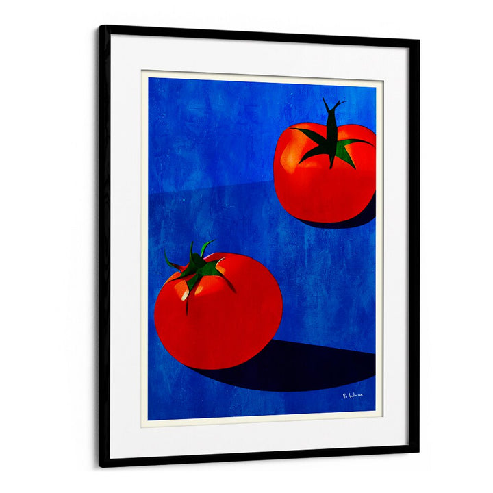 Brighten your kitchen with DEUX TOMATES, KITCHEN POSTERS featuring two vibrant tomatoes on a blue background.
