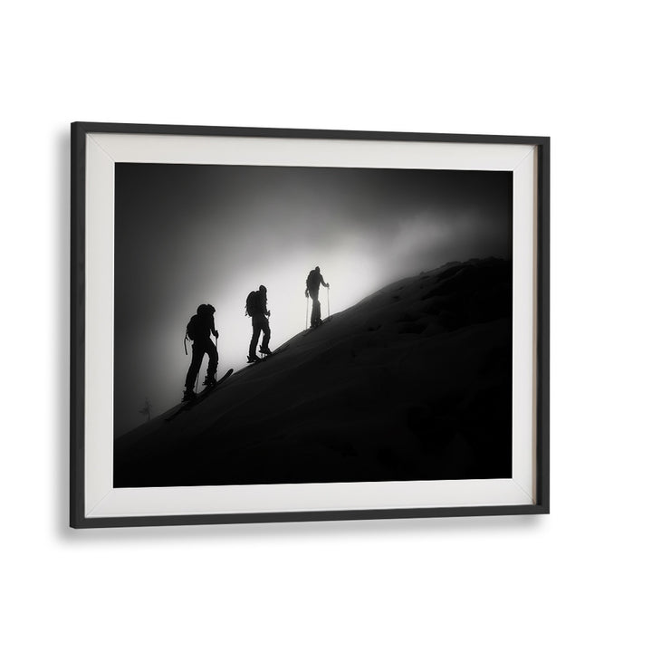Stunning STEP BY STEP , PHOTOGRAPHY PRINTS showcasing skiers ascending a mountain in dramatic black and white.