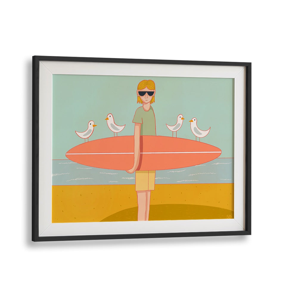 Colorful SEAGULL SURF CREW, BEACH PAINTINGS depicting a surfer with seagulls, perfect for coastal decor enthusiasts.