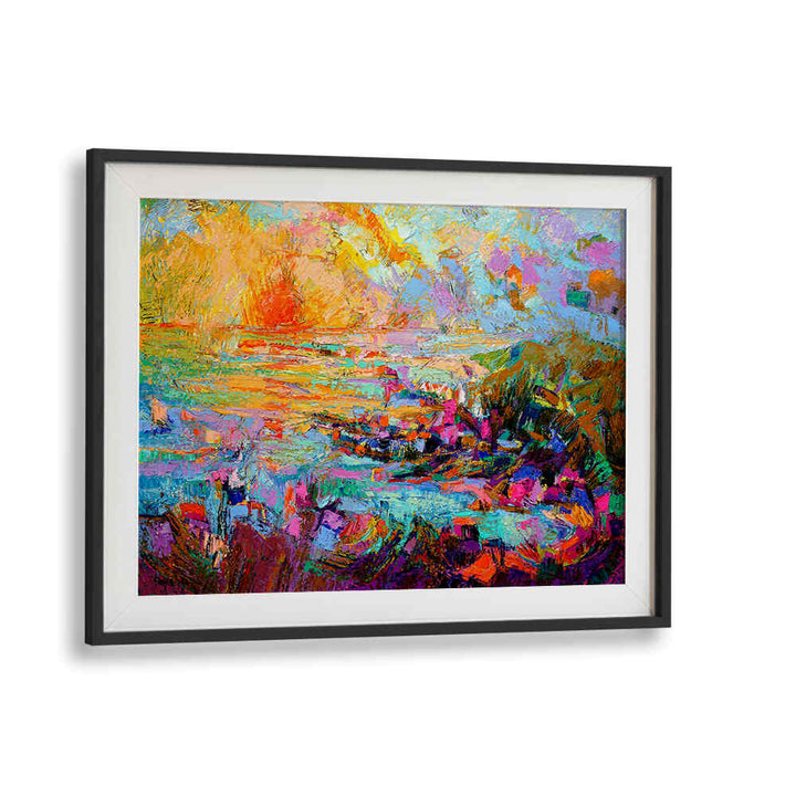BlackMount framed SUNSET OVER , LANDSCAPE PAINTINGS vibrant abstract sunset seascape with warm layered hues