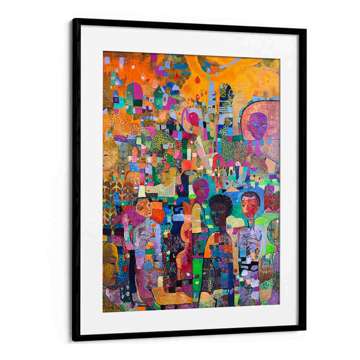 BlackMount framed vibrant figurative collage with layered textures and motion — TAKE A KNEE , ABSTRACT PAINTINGS