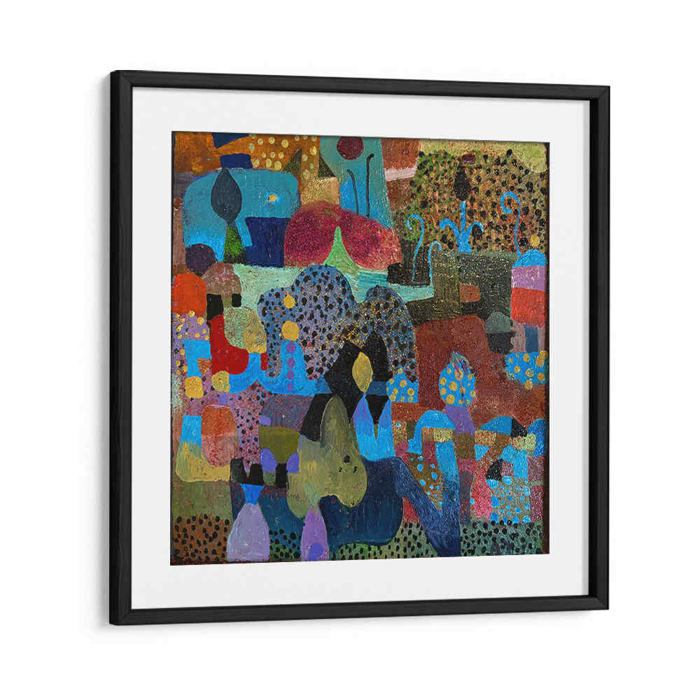 BlackMount framed THE VILLAGE , ABSTRACT PAINTINGS with warm earth tones, textured layers and fluid brushstrokes