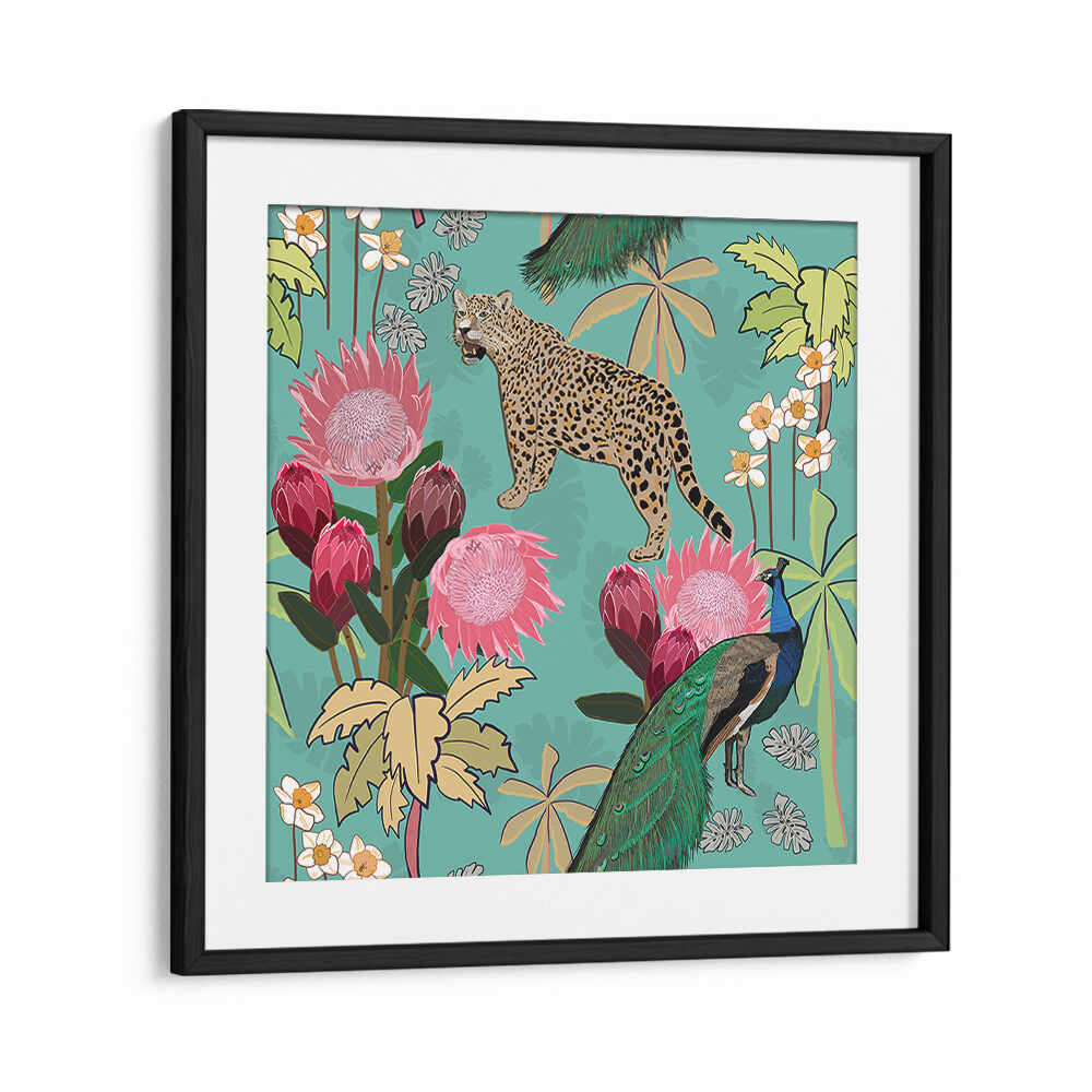 TIGER AND PEACOCK , ANIMAL PAINTINGS BlackMount framed art: tiger, peacock and pink protea on teal background