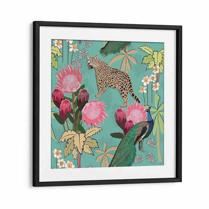 TIGER AND PEACOCK , ANIMAL PAINTINGS BlackMount framed art: tiger, peacock and pink protea on teal background