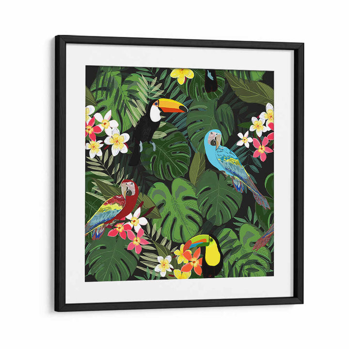 BlackMount TROPICAL FOREST BLACK , ANIMAL PAINTINGS framed print with toucans, macaws and lush tropical foliage