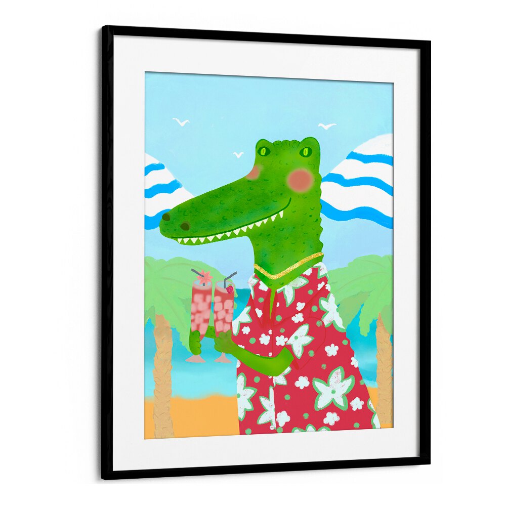 Vibrant TROPICAL REFRESHMENTS, KIDS ROOM PAINTINGS featuring a playful alligator with drinks in a tropical setting.