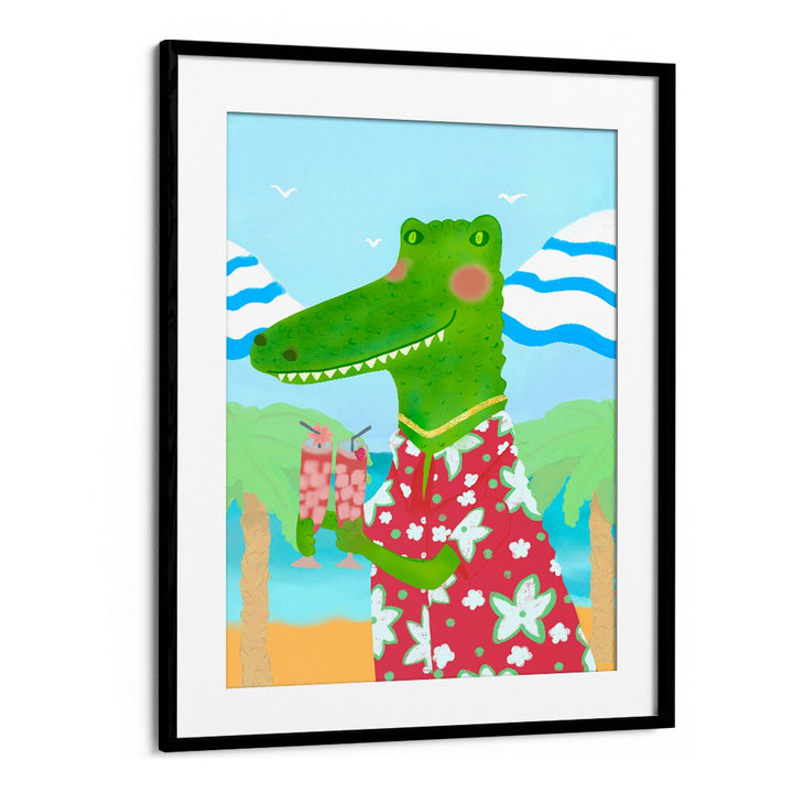Vibrant TROPICAL REFRESHMENTS, KIDS ROOM PAINTINGS featuring a playful alligator with drinks in a tropical setting.