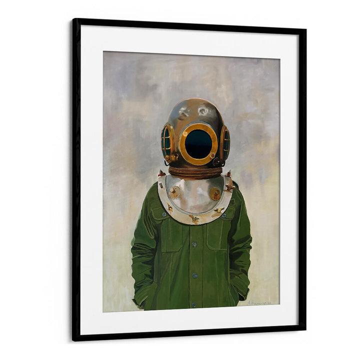 VINTAGE DIVER'S HELMET ON A PERSON , PORTRAITS & FIGURATIVE ILLUSTRATIONS