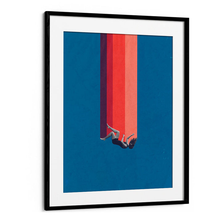 Surreal art print "FALLING LOVE" features a figure suspended against a vibrant blue background, showcasing unique creativity.