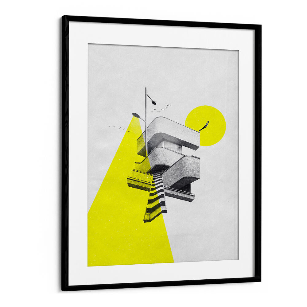Surreal art print titled "FIRST STEP," featuring abstract architecture and bold colors, perfect for modern decor.