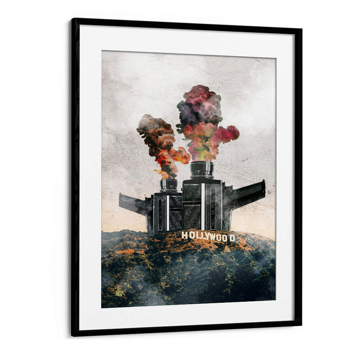 Surreal art print featuring a smoky Hollywood scene, perfect for collectors of HOLLYWOOD, SURREAL ART PRINTS.