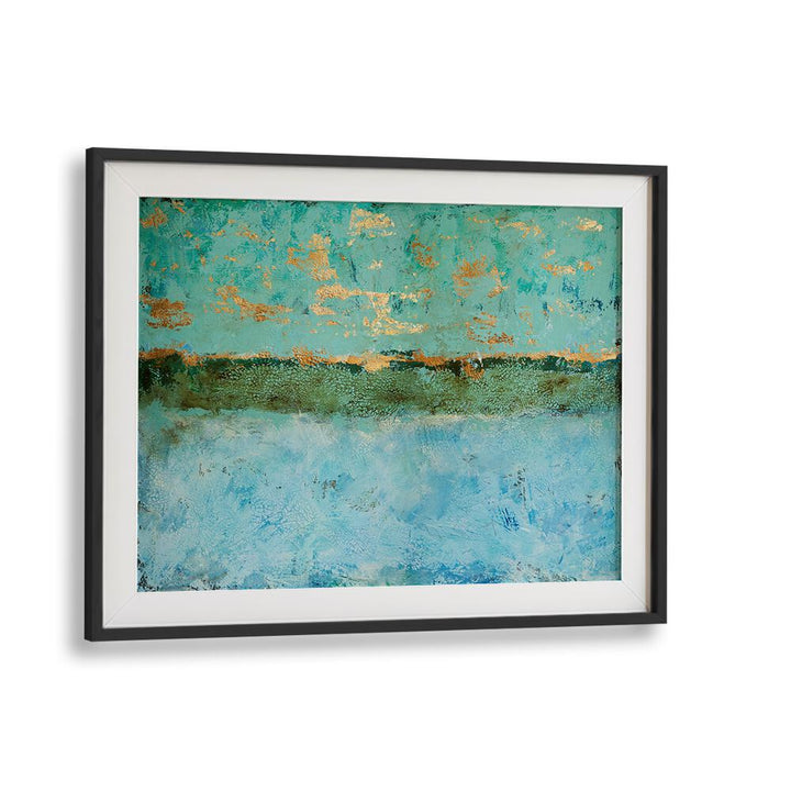 Ethereal Horizons, abstract paintings featuring calming blues and gold accents, perfect to enhance your living space.