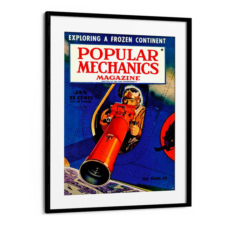 Framed POPULAR MECHANICS vintage travel poster featuring an explorer with a camera, perfect for decor enthusiasts.