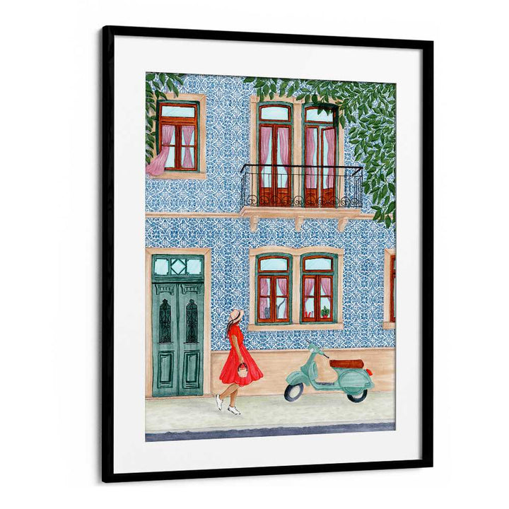 Vibrant LADY WITH SCOOTER, BAR art showcases elegance and freedom in a charming cafe setting. Perfect for any space.