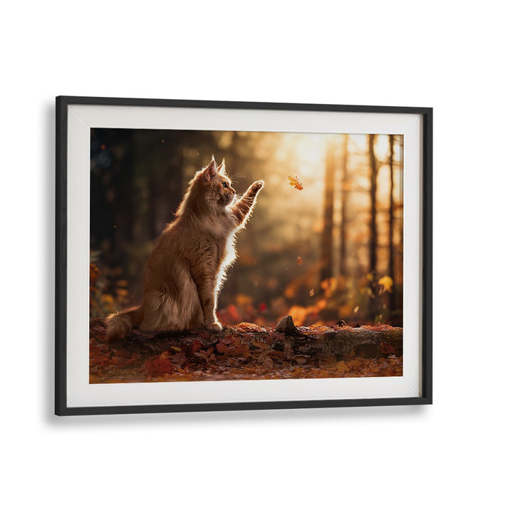 Autumn Cat photography prints showcasing a feline amidst vibrant fall leaves in a serene forest setting.