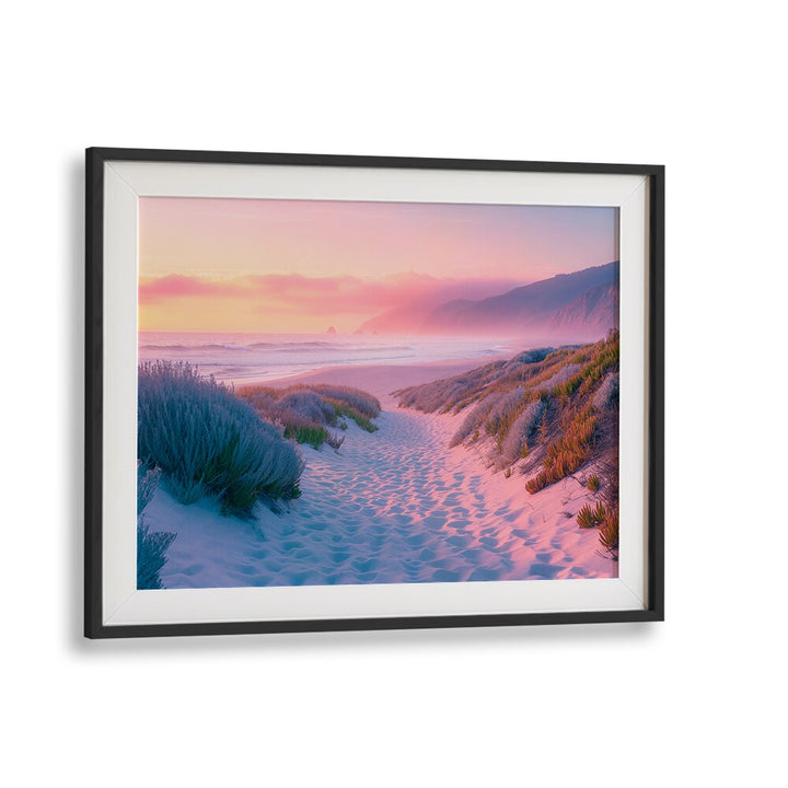 Serene sunset over sandy beach path, perfect for relaxation in SUNSET SAND PATH, BEACH PAINTINGS by Philippe Hugonnard.