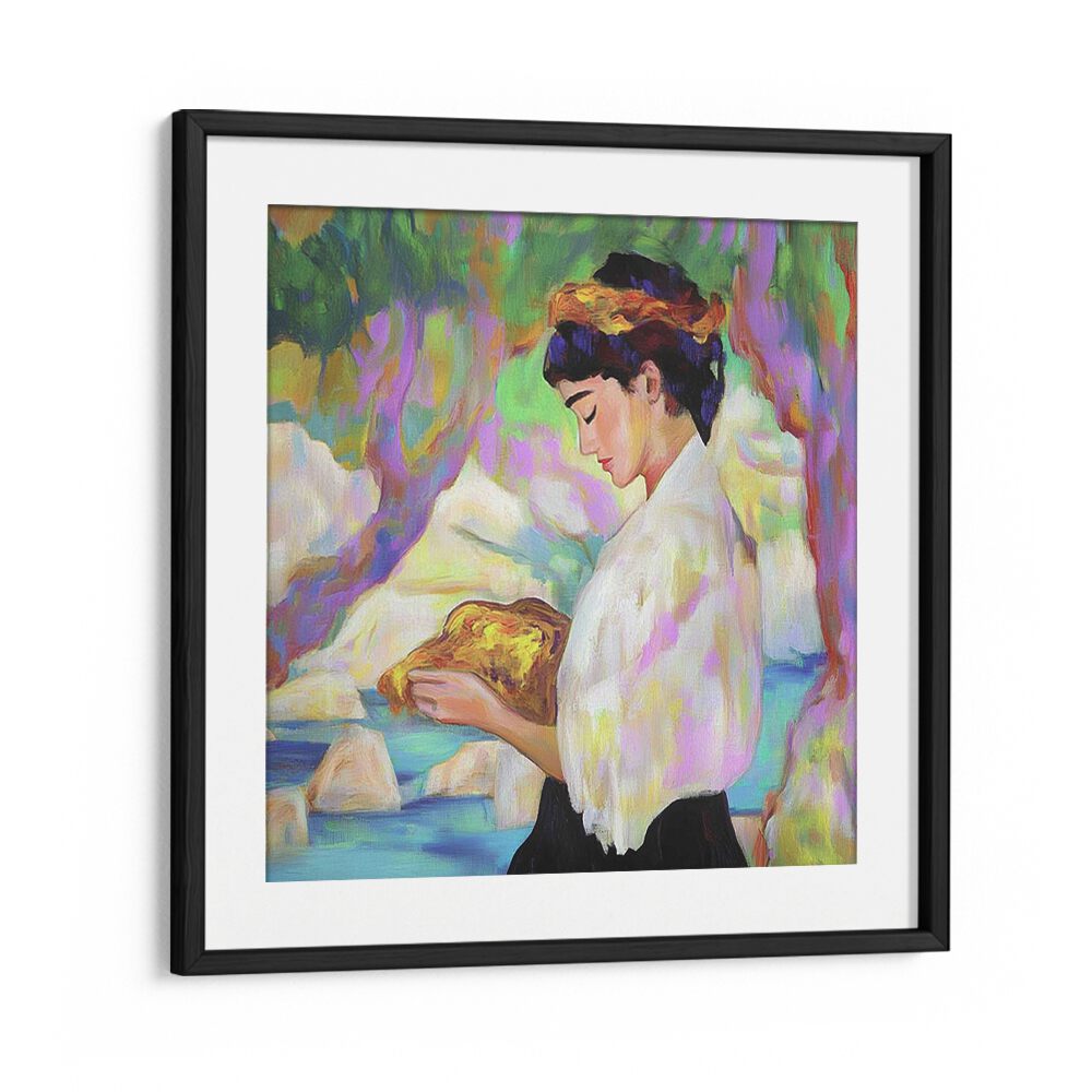 Stunning artwork of a WOMAN WITH A ROCK, capturing strength and beauty in modern art for elegant decor.