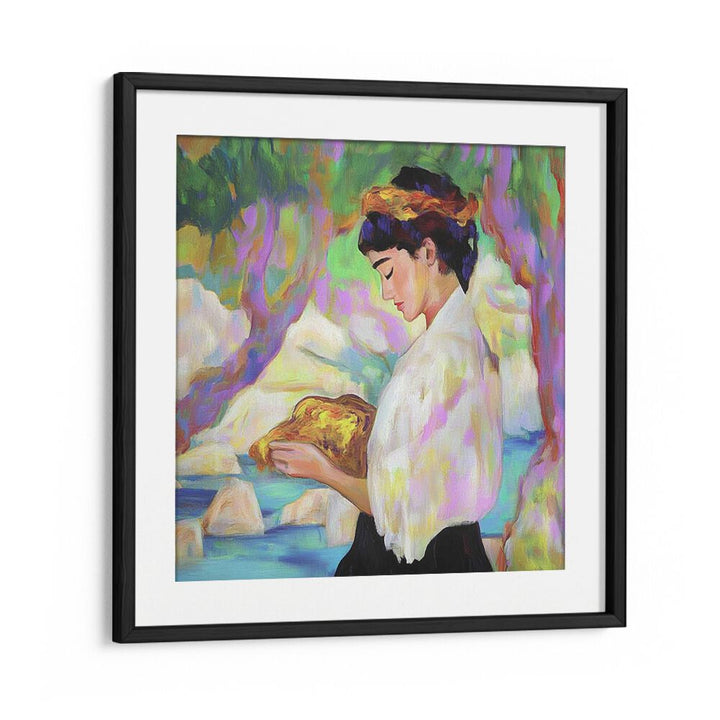 Stunning artwork of a WOMAN WITH A ROCK, capturing strength and beauty in modern art for elegant decor.