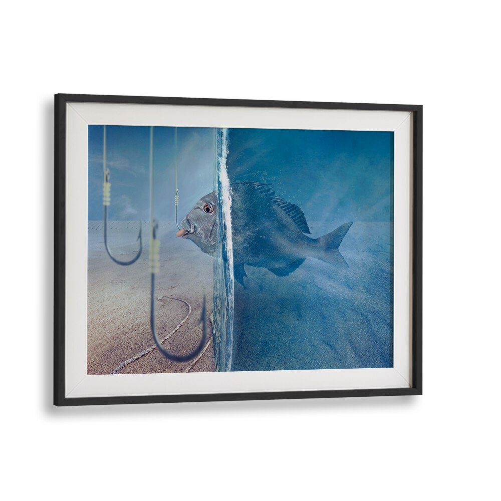 Surreal "Time to Eat Outside, Photography Prints" artwork featuring a fish and hooks, perfect for unique decor.