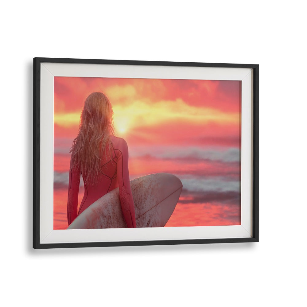 Surfing at sunset highlights the beauty of SURFSIDE ELEGANCE, BEACH PAINTINGS by Philippe Hugonnard.