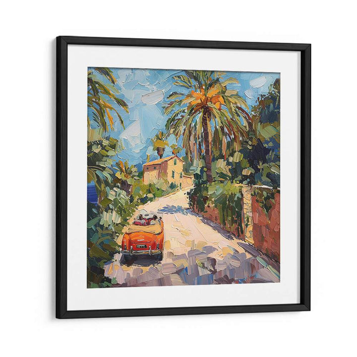 Vibrant CAR ON THE ROAD II artwork showcasing a classic car amidst palm trees, perfect for enthusiasts and collectors.