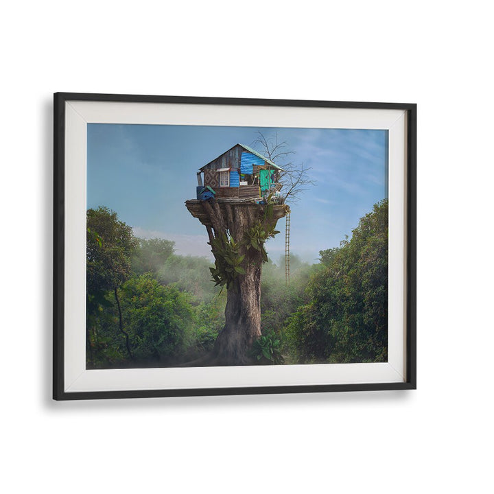 Surreal "HOUSE IN THE SKY, PHOTOGRAPHY PRINTS" featuring a whimsical treehouse amidst lush greenery. Perfect decor choice!