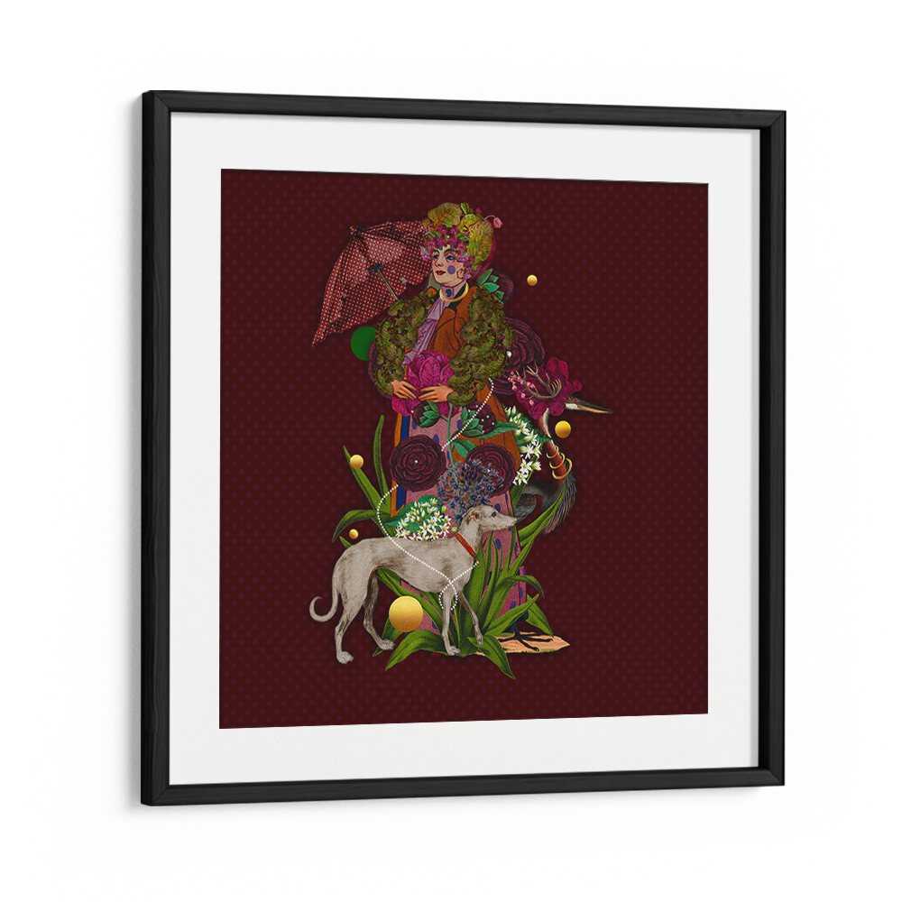 Vibrant ENCHANTED FOREST IV, PORTRAITS artwork with a whimsical figure and dog, perfect for enhancing any interior space.