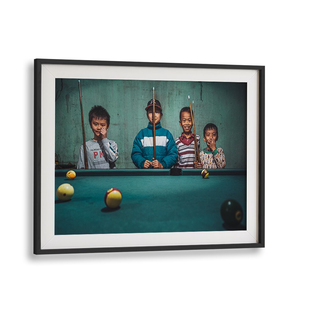 Children enjoying snooker in a vibrant setting, highlighting the charm of PLAYING SNOOKER IN THE MOUNTAINS, PHOTOGRAPHY PRINTS.