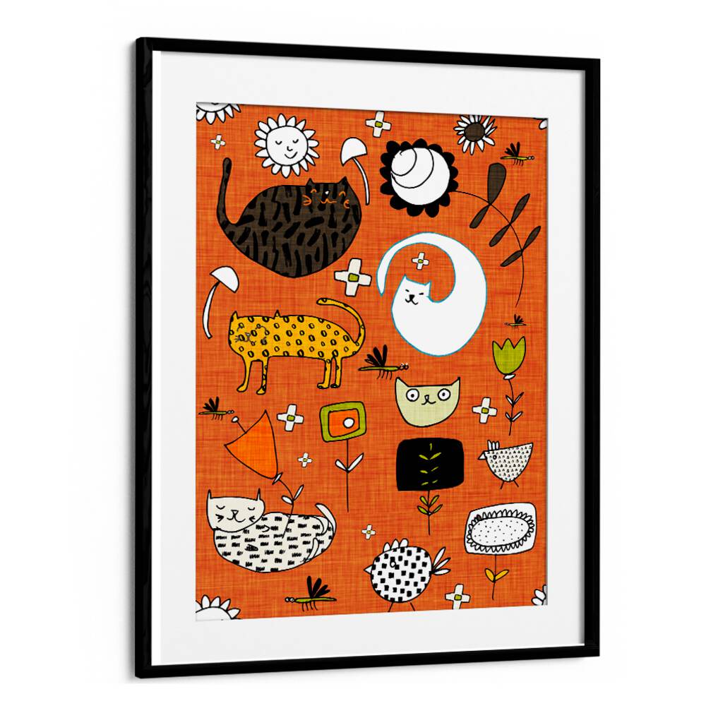 Colorful SPRING CAT ORANGE kids room paintings feature playful cats and flowers, perfect for brightening any child's space.