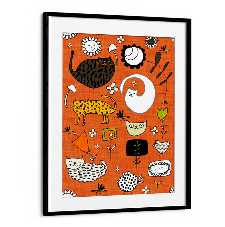 Colorful SPRING CAT ORANGE kids room paintings feature playful cats and flowers, perfect for brightening any child's space.