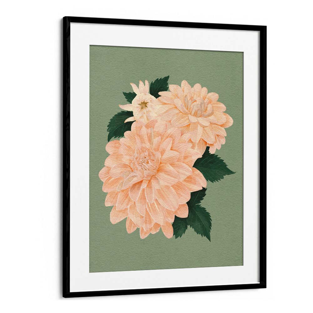 Elegant AQUAA CREAL CHIFFON II, FLORAL FLOWER PAINTINGS featuring soft peach blossoms on a green background.