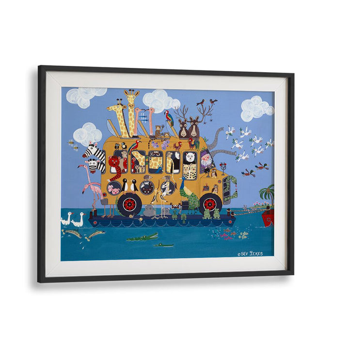 Whimsical NOAHS BUS, KIDS ROOM PAINTINGS featuring Noah's bus filled with vibrant animals, perfect for a child's room.
