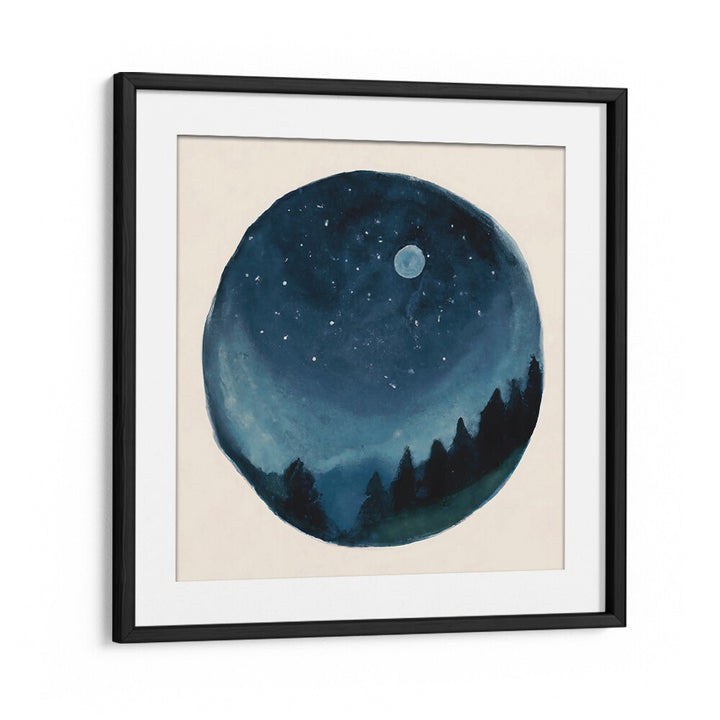 AROUND THE WORLD , KIDS ROOM PAINTINGS featuring a night sky with stars and moon over silhouetted trees by Blackmount.