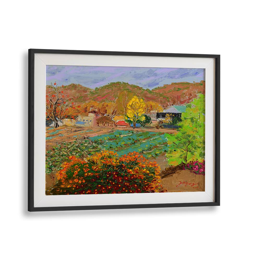 Vibrant CHRYSANTHEMUM VILLAGE, LANDSCAPE PAINTINGS showcasing a picturesque countryside scene with colorful flowers.