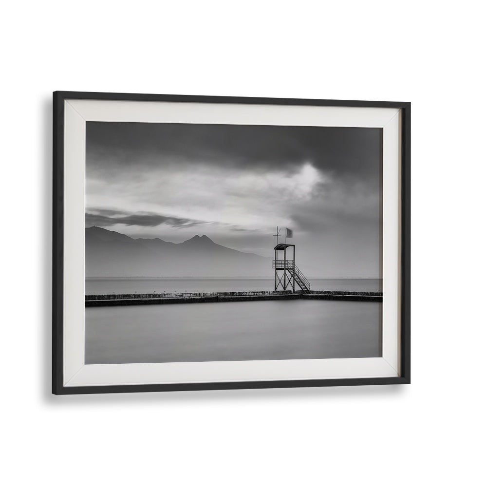 Stunning black and white landscape of a calm pier, featured in AFTER THE STORM, PHOTOGRAPHY PRINTS collection.
