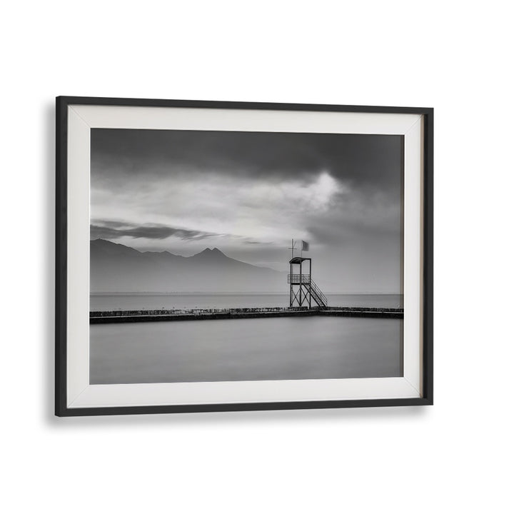 Stunning black and white landscape of a calm pier, featured in AFTER THE STORM, PHOTOGRAPHY PRINTS collection.