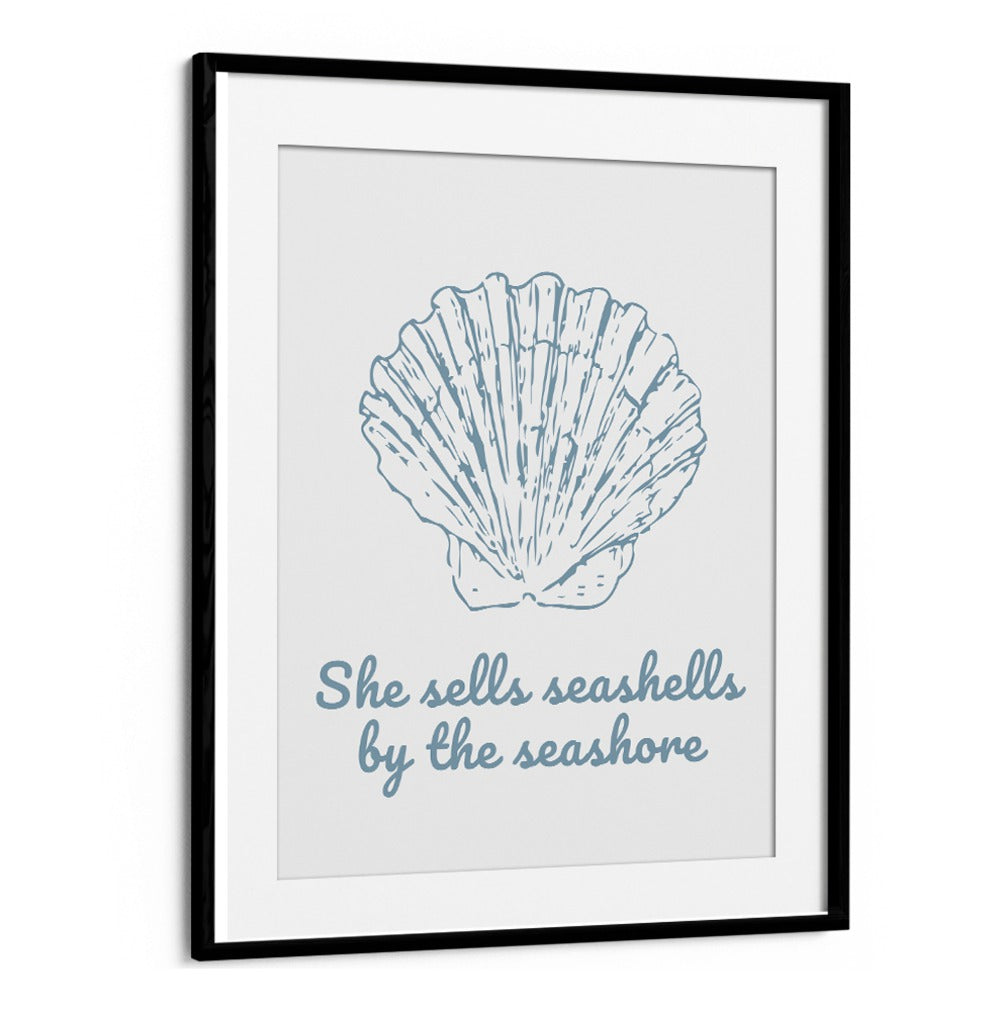 Elegant framed art featuring "SHE SELLS SEASHELLS, BEACH PAINTINGS," perfect for ocean lovers and home decor.
