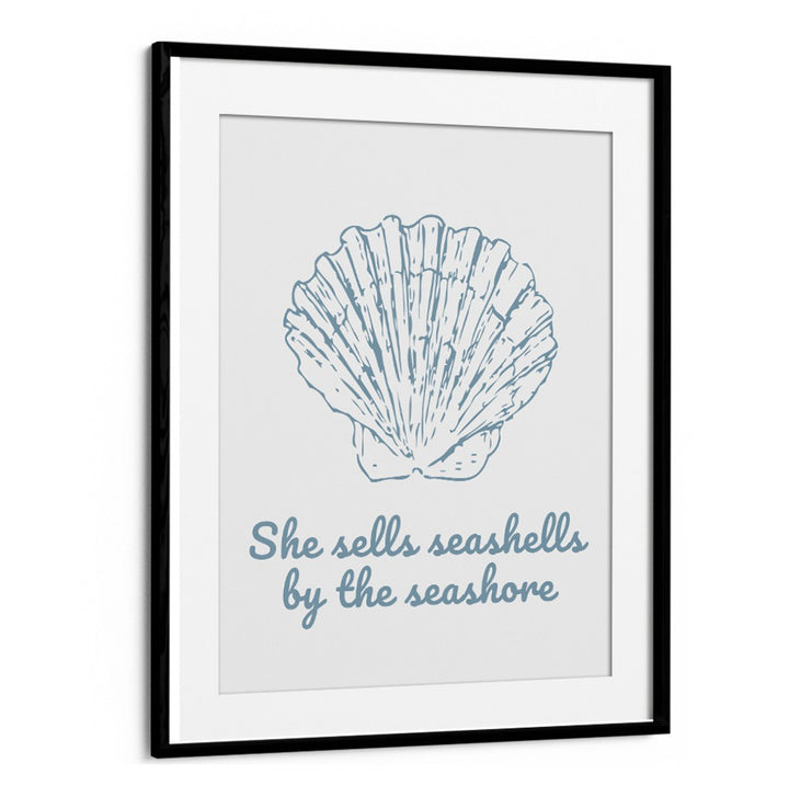 Elegant framed art featuring "SHE SELLS SEASHELLS, BEACH PAINTINGS," perfect for ocean lovers and home decor.