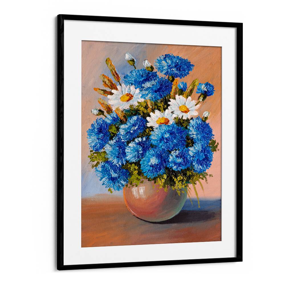 Blue and White Petals Vintage European Paintings in Black Frame With Mount